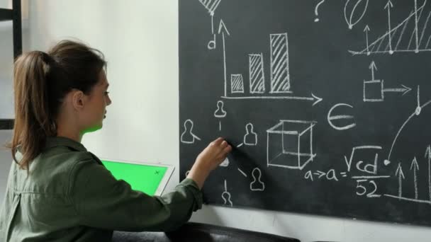 4K Teacher writing math formulas on blackboard and talking to her class 20s 4k. — Stock Video