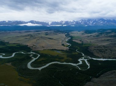 Dağ yeşil orman nehir üst görünüm panoramik manzara hava