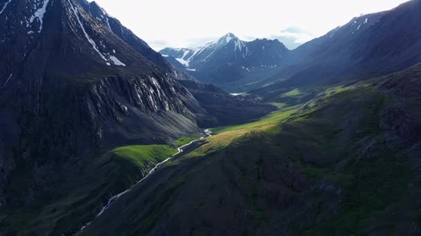 Vista aérea del dron: Vuelo sobre el bosque de pinos y el río de montaña con luz suave al atardecer. Cordillera en el fondo. Naturaleza, viajes, vacaciones. La cámara sube. Movimiento 4K. Montaña Altay . — Vídeos de Stock