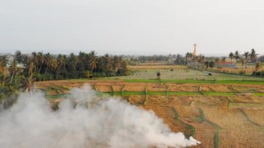 4k büyük pirinç tarlaları, yeşil ormanlar ve sisin içindeki dağlar. Endonezya, Bali 'de inanılmaz hava görüntüleri.