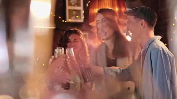 I giovani stanno festeggiando qualcosa al bar. Stanno clinking bicchieri con birra e cocktail, bere e chiacchierare. Celebrazione moderna nel concetto di bar . — Video Stock