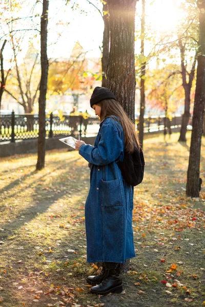 Όμορφη νεαρή μαθήτρια σπουδάζει χρησιμοποιώντας ένα τάμπλετ σε ένα πάρκο. Ψυχαγωγία και μελέτη — Φωτογραφία Αρχείου