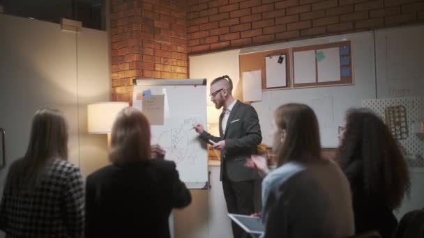 Mannelijke manager presenteert nieuwe project plan aan collega 's op vergadering, uitleggen ideeën over flip-over aan collega' s in het kantoor, zakenvrouw geeft presentatie — Stockvideo