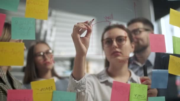 Δημιουργική Business Team Brainstorming Ιδέες Δουλεύοντας μαζί κοντά στο γυάλινο τοίχο με αυτοκόλλητες σημειώσεις. Οι συνάδελφοι το εγκρίνουν. Έννοια επιχειρηματικής επιτυχίας — Αρχείο Βίντεο