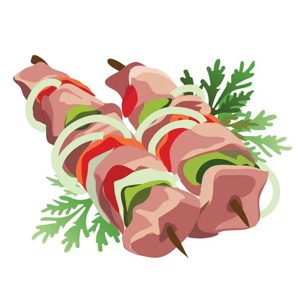 Shish kebab su un bastone con verdure ed erbe — Vettoriale Stock