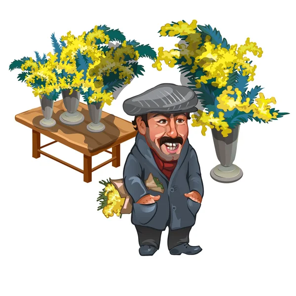 Hombre gracioso, vendedor de mimosas, carácter vectorial — Archivo Imágenes Vectoriales