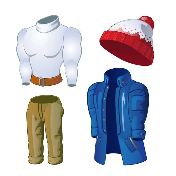 Zimní oblečení, bundy, čepice, svetr a kalhoty — Stockový vektor