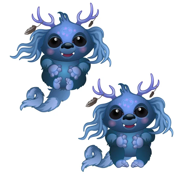 Twee blauwe monster met horens en grote ogen glimlachen — Stockvector