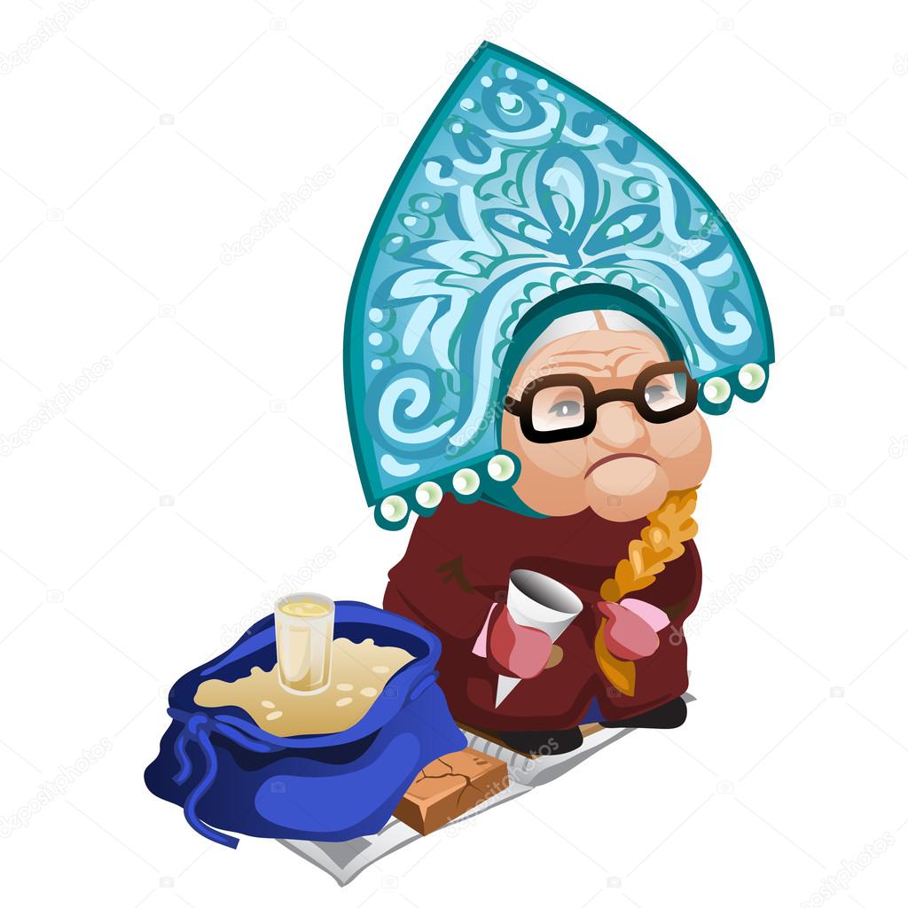 Old woman selling seeds. Vector character