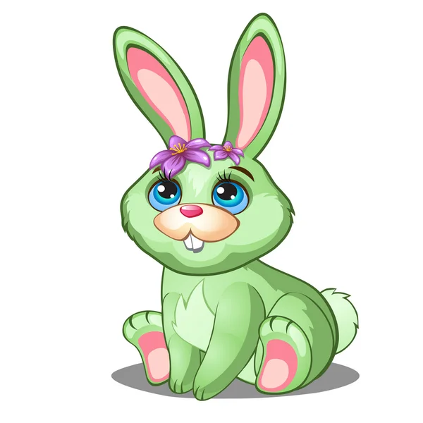 Lindo conejito verde con flores y ojos azules — Vector de stock