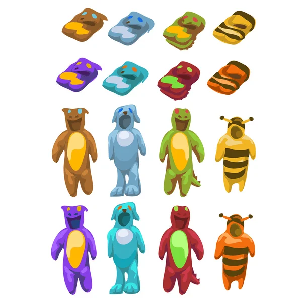 Costumes bébé peluche animaux, icônes ensemble vectoriel — Image vectorielle