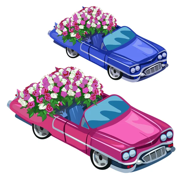白色和蓝色的敞蓬车与束玫瑰花 — 图库矢量图片