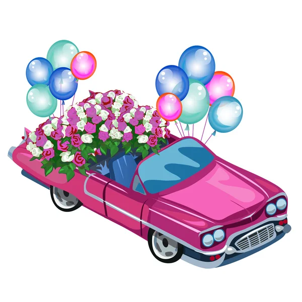 Cabriolet rose avec bouquet fleurs et ballons — Image vectorielle