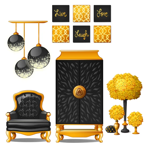 豊富なヴィンテージ家具ブラックとゴールド色のセット — ストックベクタ
