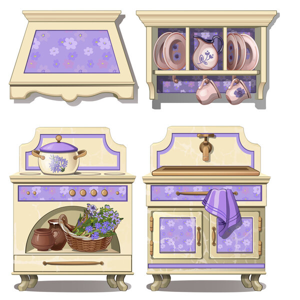 Мебель для кухни в стиле ретро, фиолетовый цвет
