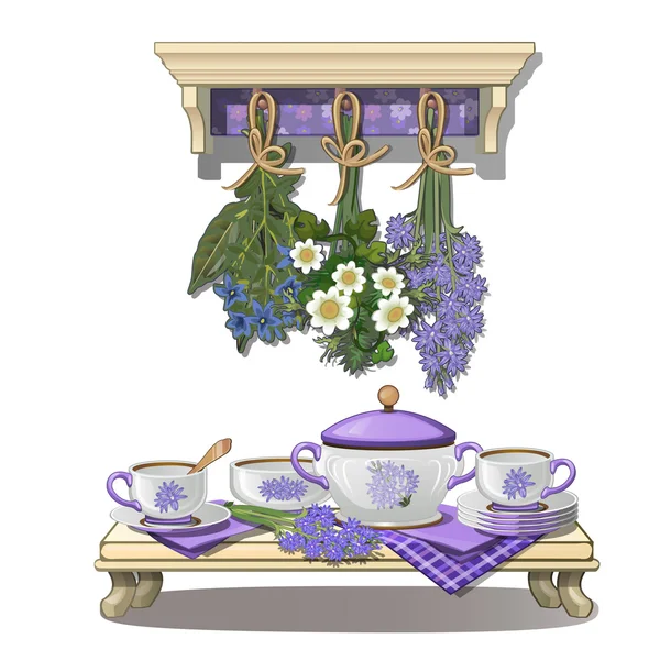 Köksredskap och torkade blommor i lila färg — Stock vektor