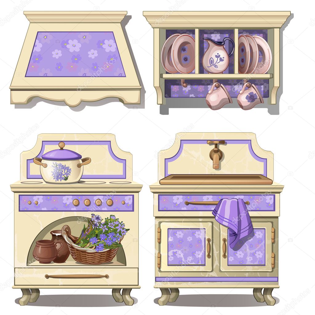 Furniture for kitchen in retro style, purple color
