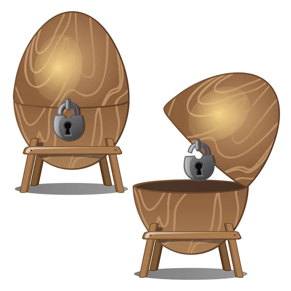 Huevos de madera cerrados y abiertos con cerradura en soporte — Vector de stock