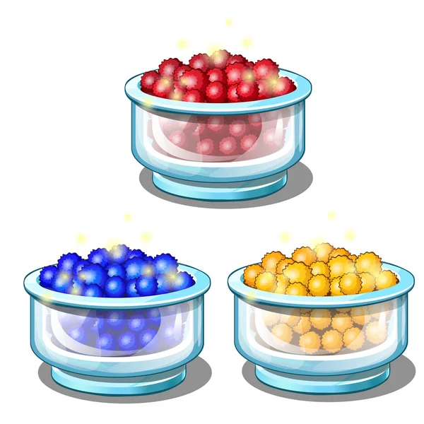 Röd, blå och gula bollar i glas koppar. Vektor — Stock vektor