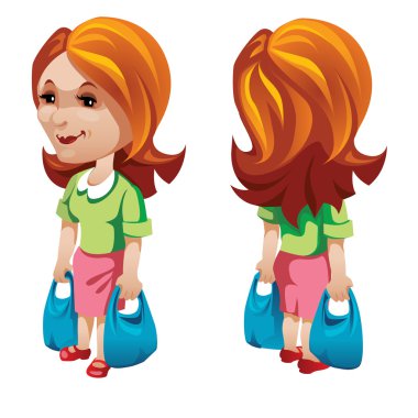 Kadın alıcı alışveriş torbaları ile. Vektör karakter