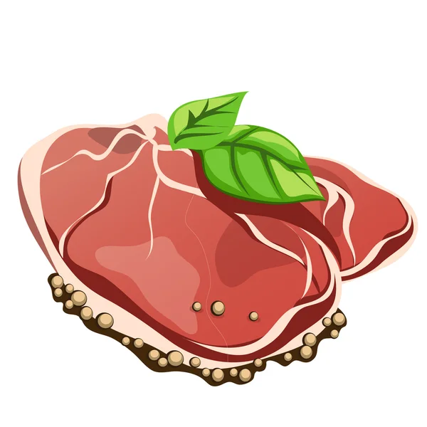 Trozo de carne cruda con especias sobre fondo blanco — Vector de stock