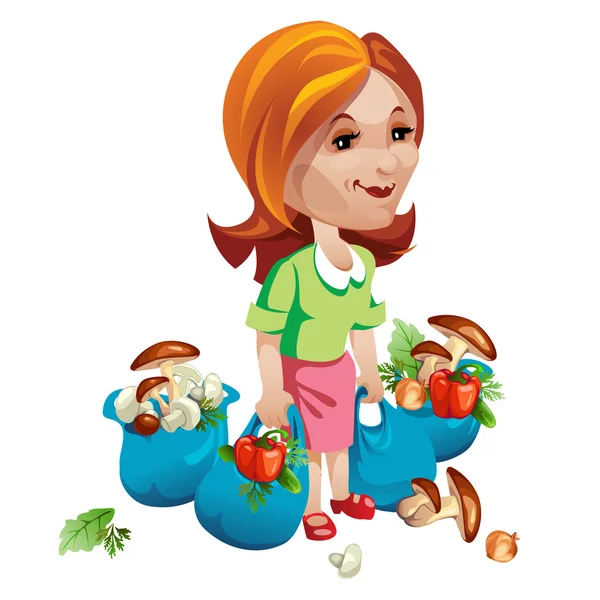 Mulher comprador com legumes e cogumelos. Vetor — Vetor de Stock