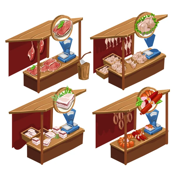 Four kiosk selling meat products, vector — Stock Illustration Four kiosk selling meat products, vector Stock Vector