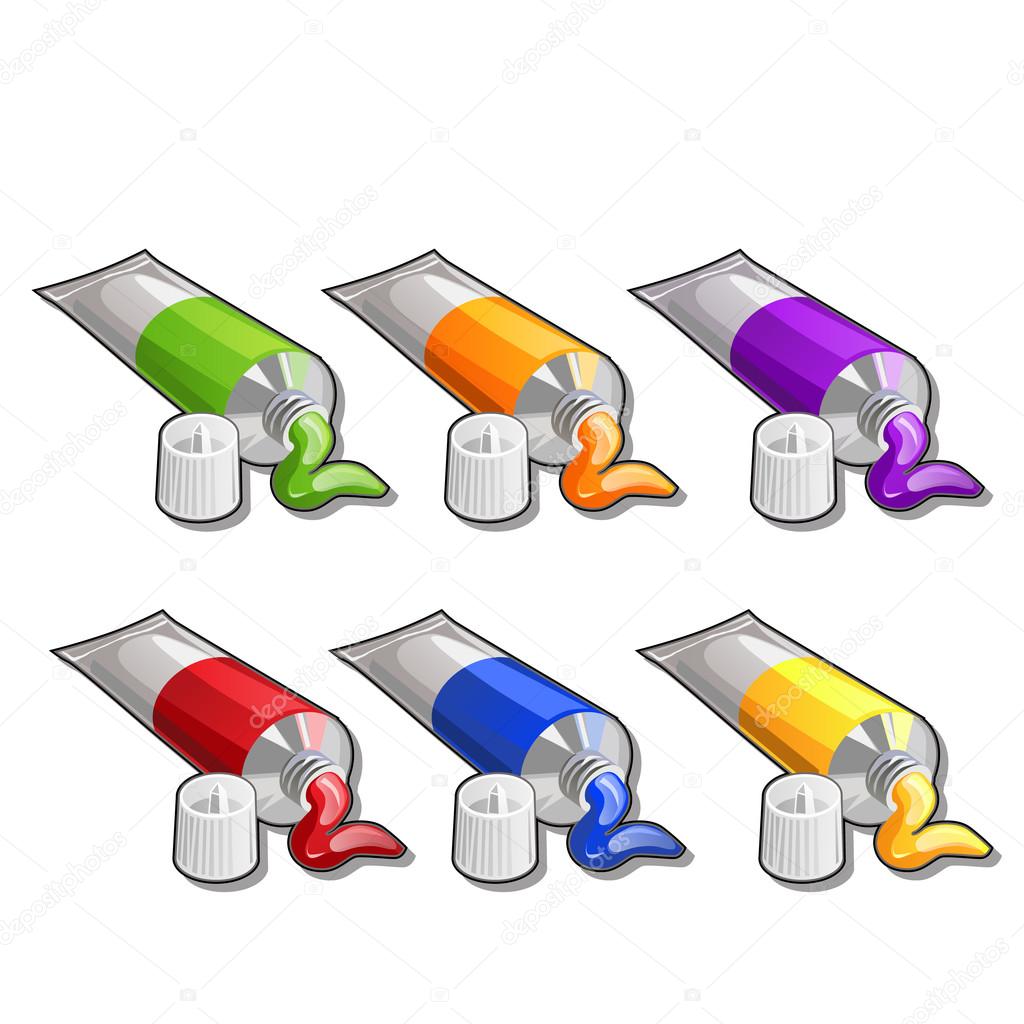 Tubes of paint, six different colors. Vector