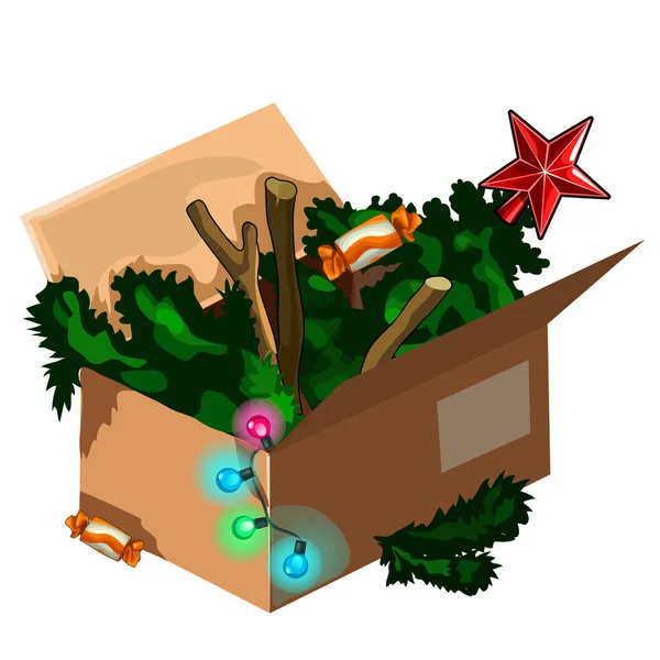 Árbol de Navidad guardado en caja después de vacaciones. Vector — Vector de stock