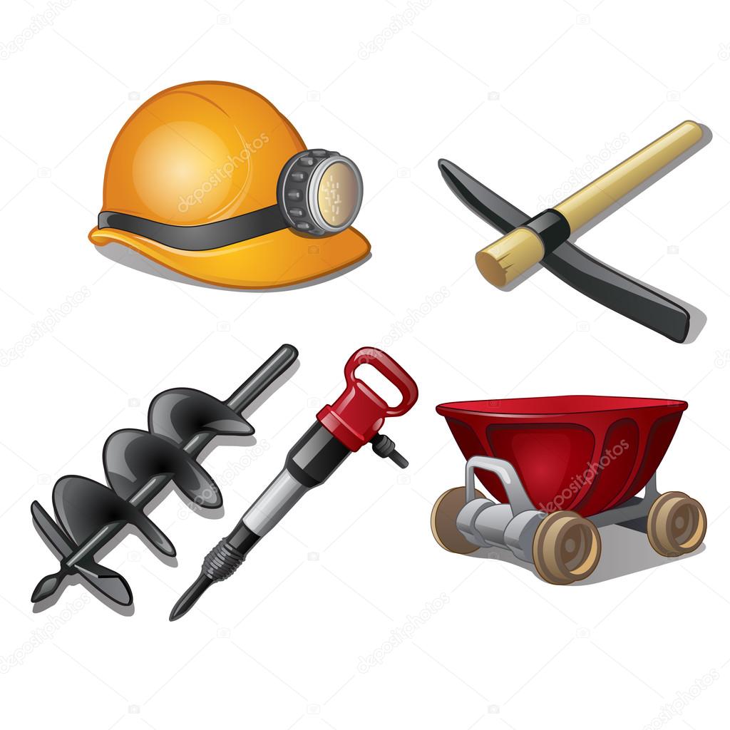 Five tools of miner on a white background