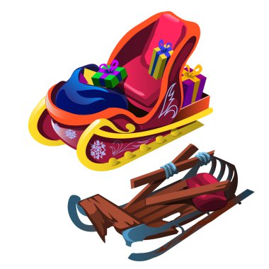 Christmas winter and wooden sled. Vector isolated clipart