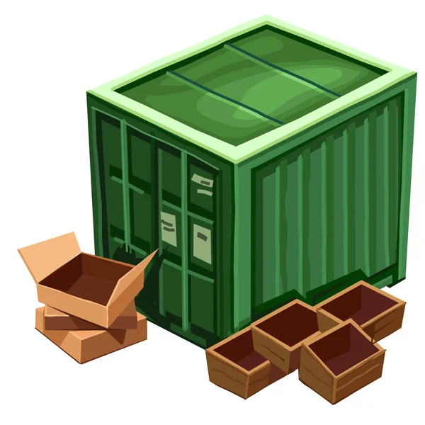Grande recipiente verde para mercadorias e caixa — Vetor de Stock