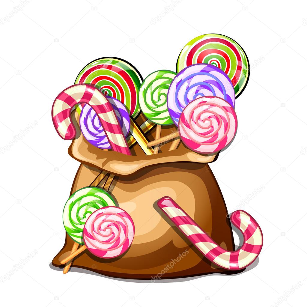 Bag with colorful spiral lollipops. Vector sweets