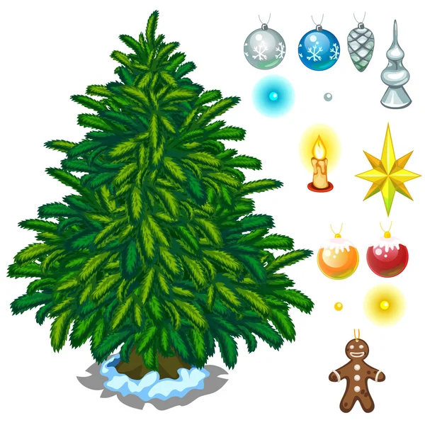 Рождественская елка и большой набор игрушек для украшения — стоковый вектор