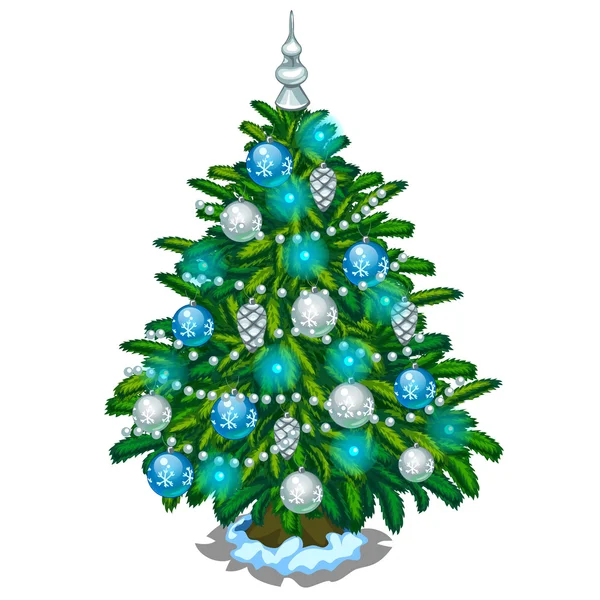 Weihnachtsbaum mit blauem und silbernem Spielzeug. Vektor — Stockvektor