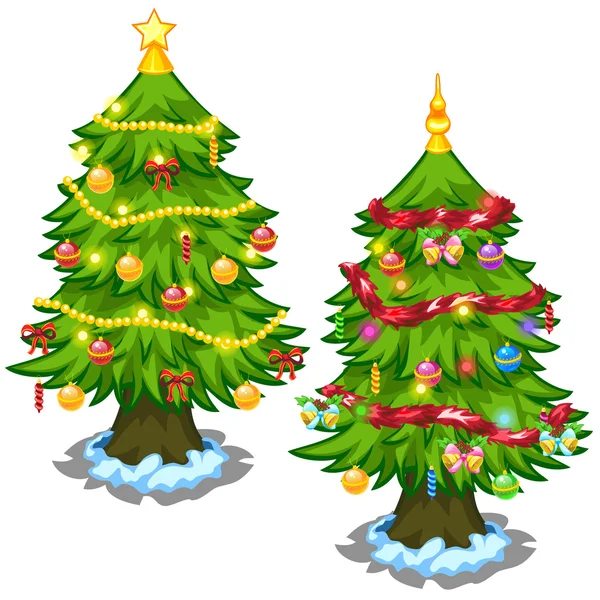 Dos árboles de Navidad con juguetes sobre un fondo blanco — Vector de stock