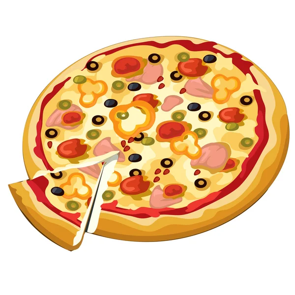 Pizza deliciosa com azeitonas, presunto e pimenta doce — Vetor de Stock
