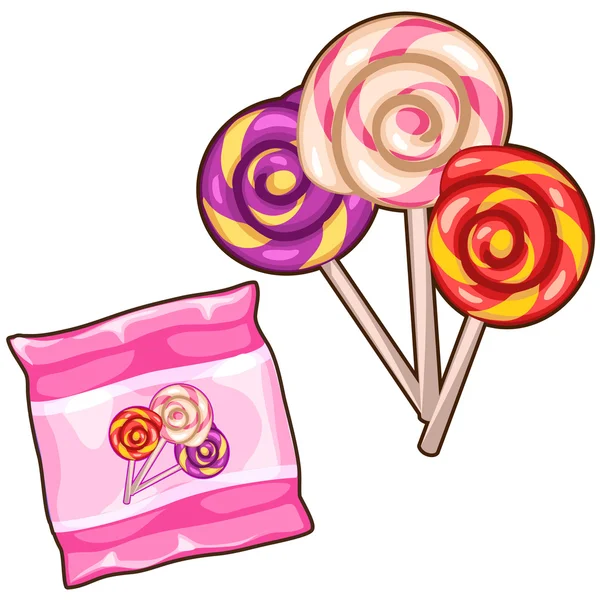 Sac rose avec trois sucettes spirales colorées — Image vectorielle