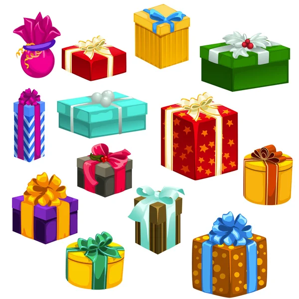 Grand ensemble de boîtes-cadeaux de différentes couleurs et formes — Image vectorielle