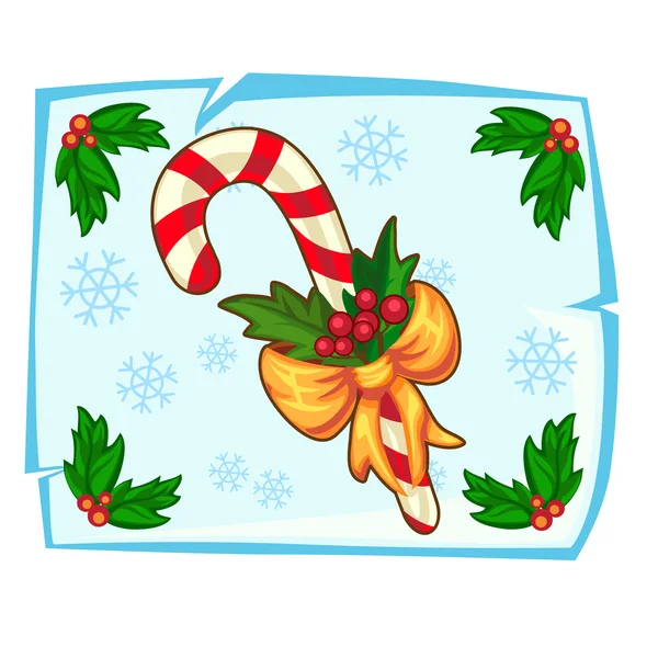 Caña de caramelo de Navidad y baya de acebo en hielo — Vector de stock
