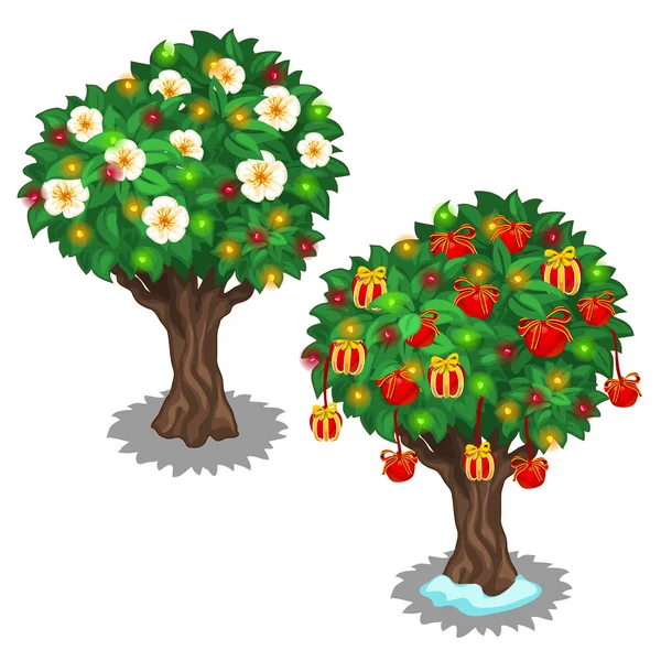 Pohon-pohon yang dihiasi dengan bunga-bunga yang bercahaya - Stok Vektor