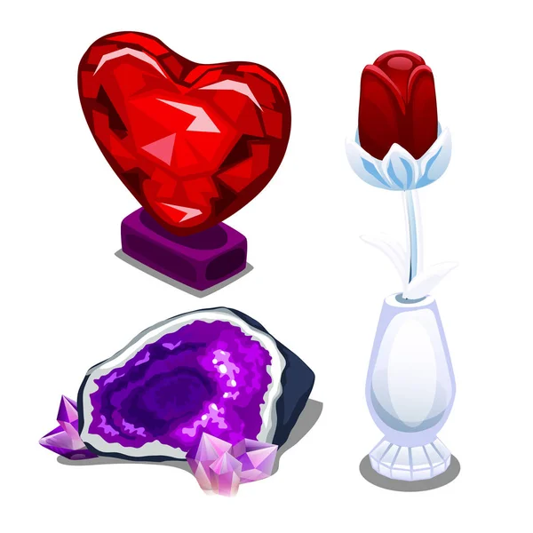 Coração vermelho de vidro estilizado, rosa única e ametista — Vetor de Stock