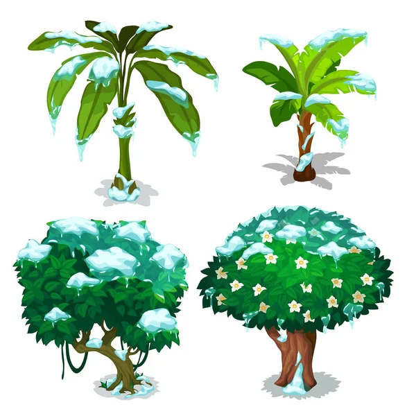 Čtyři stromy se zelenými listy pod sněhové vločky — Stockový vektor