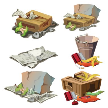 Grocery, paper and other trash. Set of garbage clipart