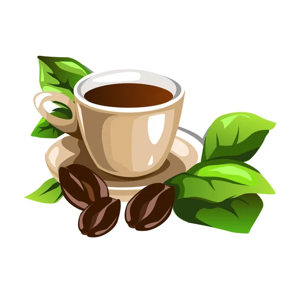 Copa de granos decorados con café y hojas verdes — Vector de stock