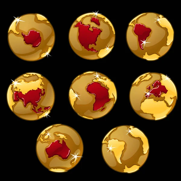 Набір золотих глобусів з позначеними країнами — стоковий вектор