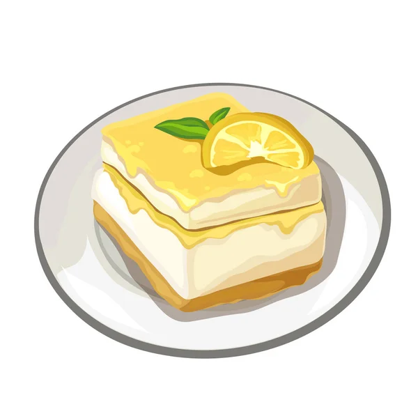 Pedaço de bolo delicioso com limão em cima, sobremesa —  Vetores de Stock