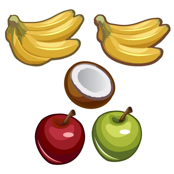 Bananer, kokos och äpplen på vit bakgrund — Stock vektor