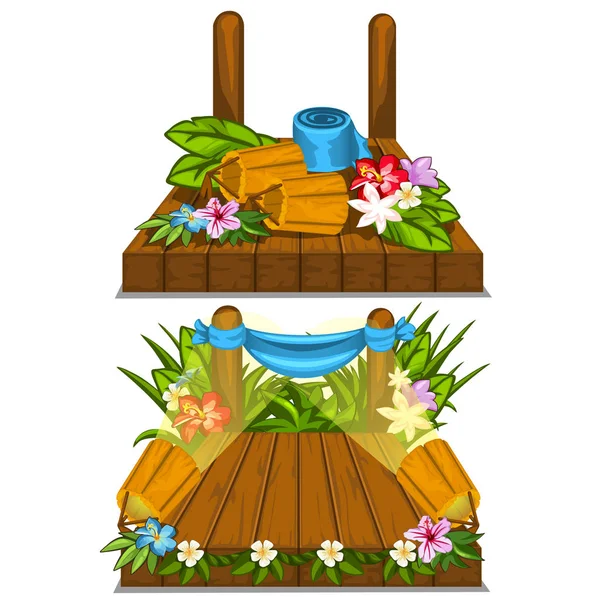 Scène en bois avec décoration florale extérieure — Image vectorielle