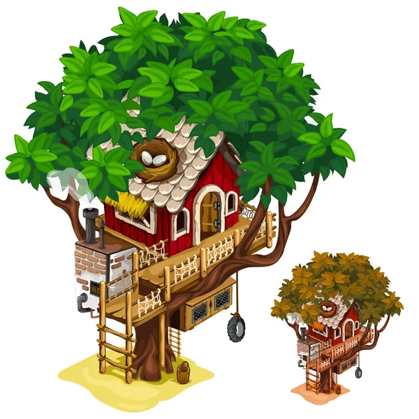 Acogedora casa construida sobre un gran árbol. Vector aislado — Vector de stock